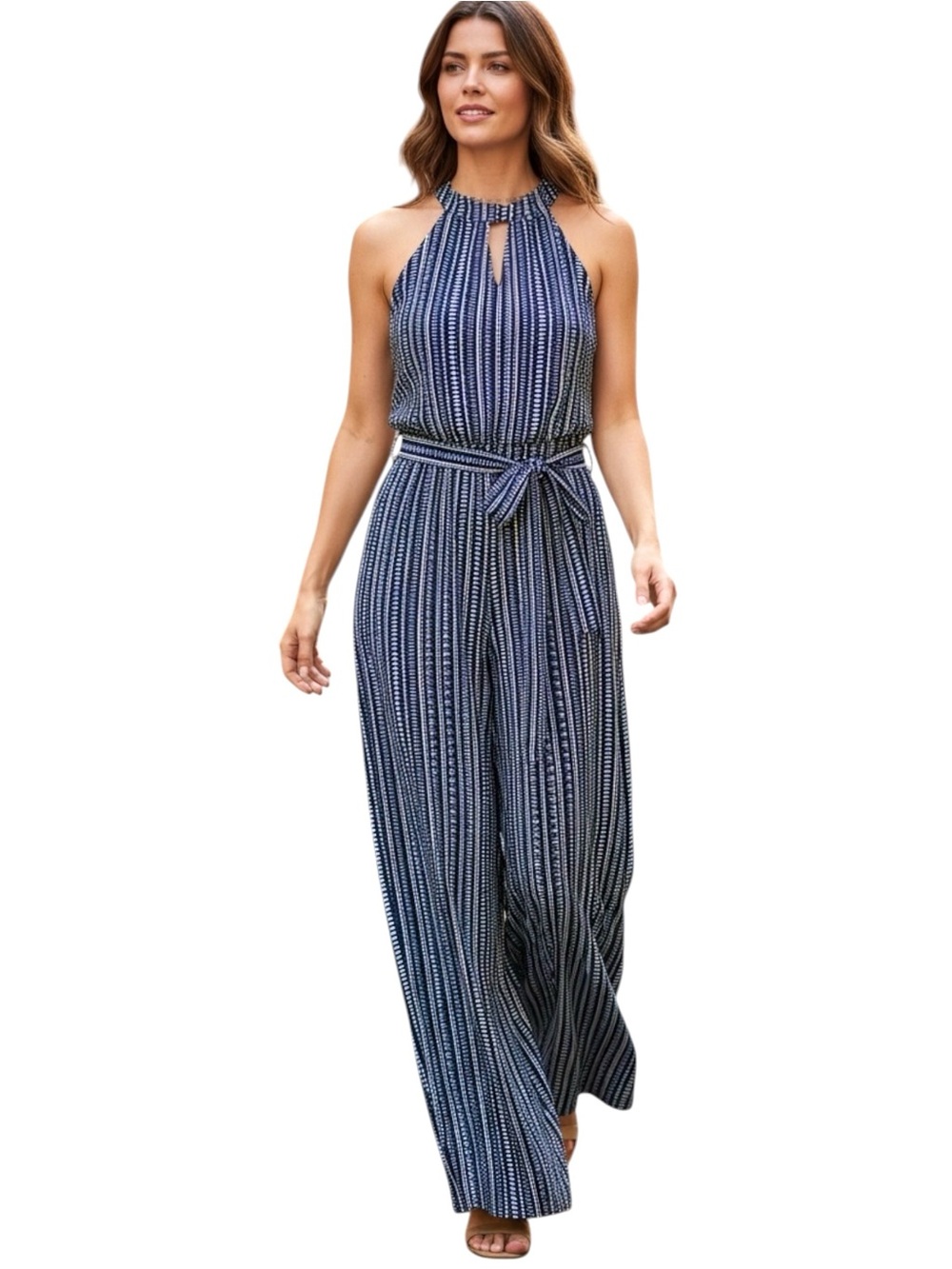New Directions Halter Jumpsuit Tie Waist, Wide Leg, Navy White Striped, XL